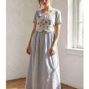 Vintage Pellini Women’s Blue Gray White Plaid  Front Floral  Vest M Cottagecore